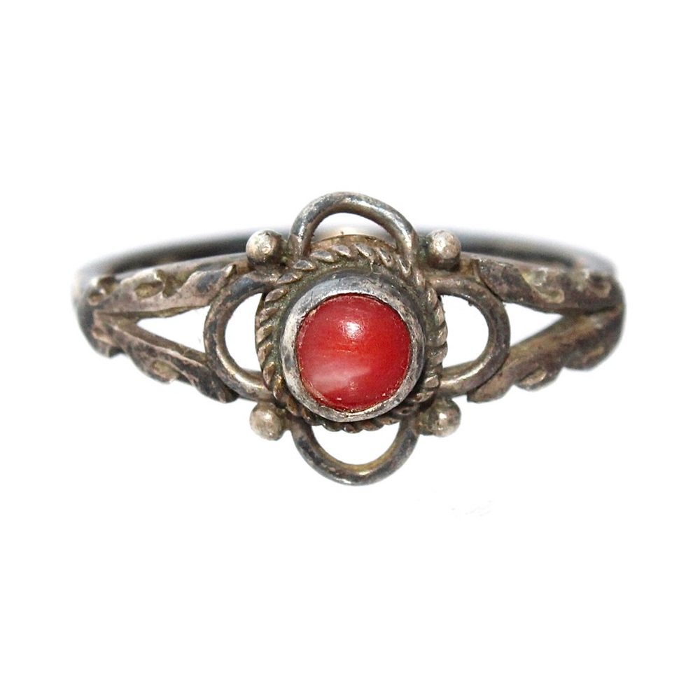 Vintage Red Coral Sterling Silver Ring Size 6.25 Round Cabochon Southwestern